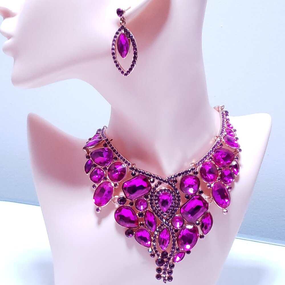Pink Rhinestone Necklace & Earrings